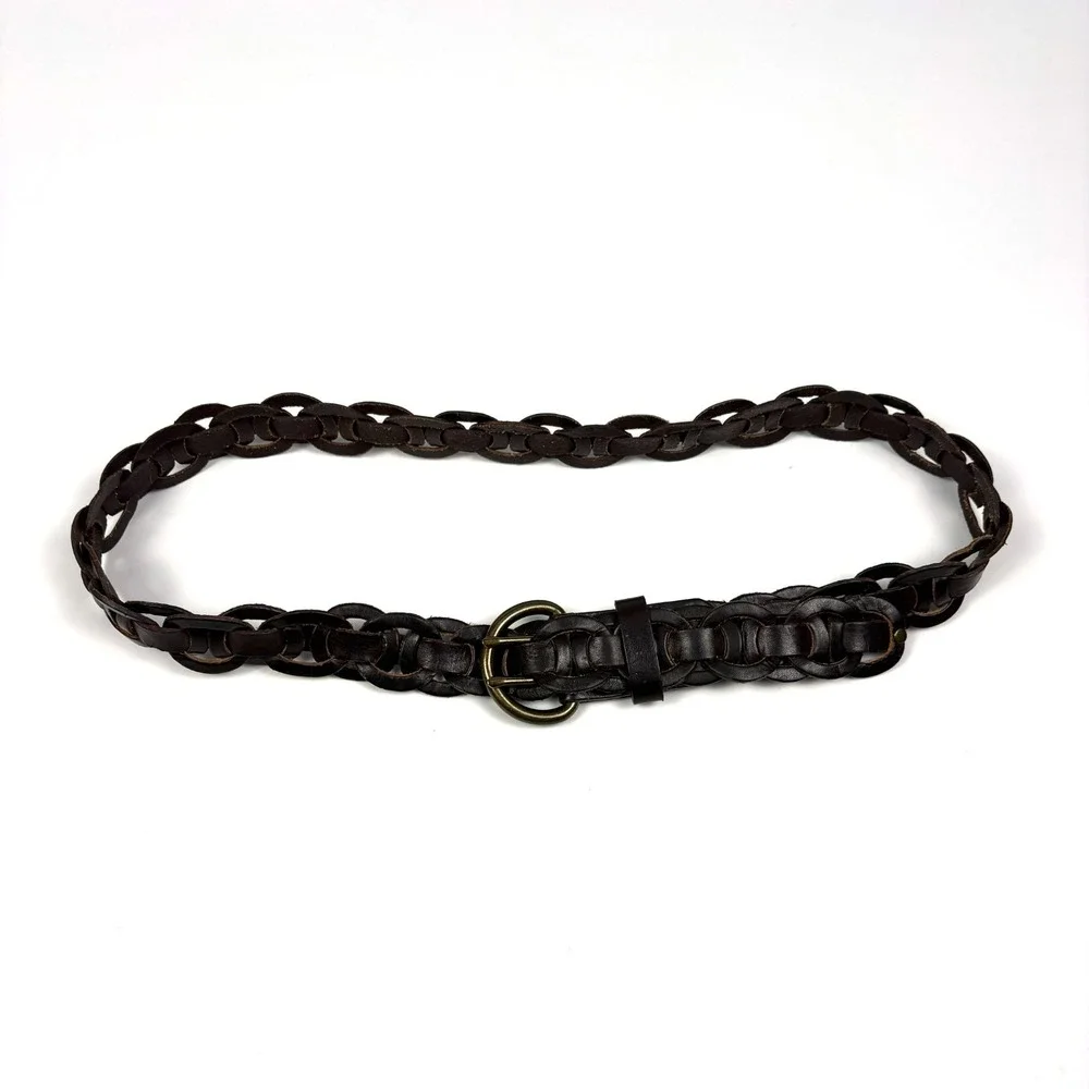 Old Navy Interlocking Chain Genuine Leather Belt Womens‎ Sz XS/S Brown Brass Dbl
